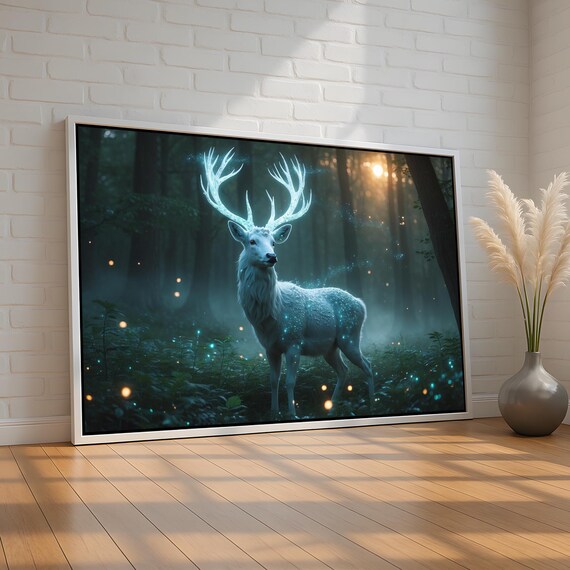 Enchanted Stag Canvas And Poster Glowing Antlers In Mystical Forest Fantasy Deer Wall Art For Nature Magic Lovers Ready To Hang
