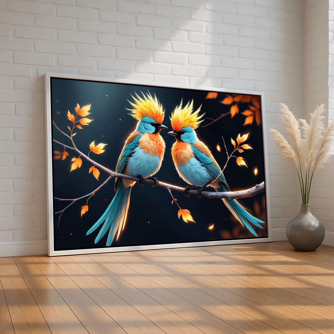 Fantasy Crested Birds Autumn Branch Colorful Pair Art Poster
