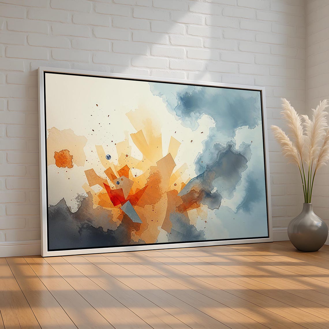 Modern Abstract Geometric Watercolor Blue Terracotta Art Poster