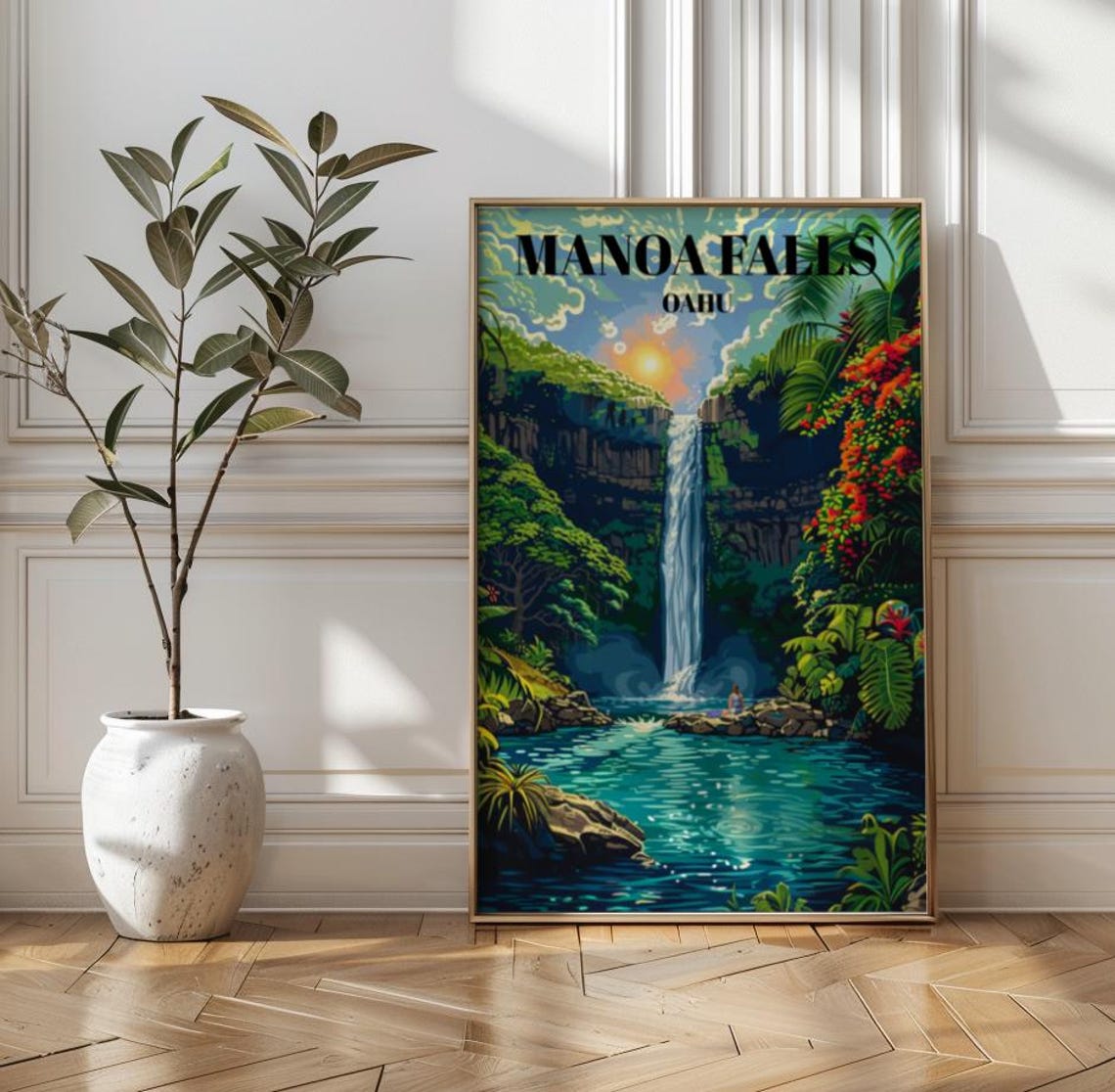 Manoa Falls Oahu Hawaii Lush Waterfall Jungle Illustration Poster