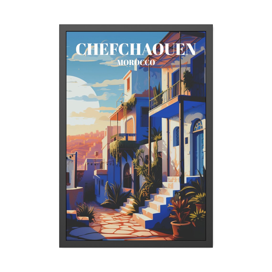 Chefchaouen Morocco Blue City Vintage Travel Poster Sunny Street