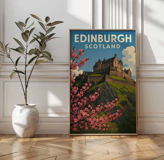 Edinburgh Castle Print Scotland Travel Poster With Cherry Blossoms