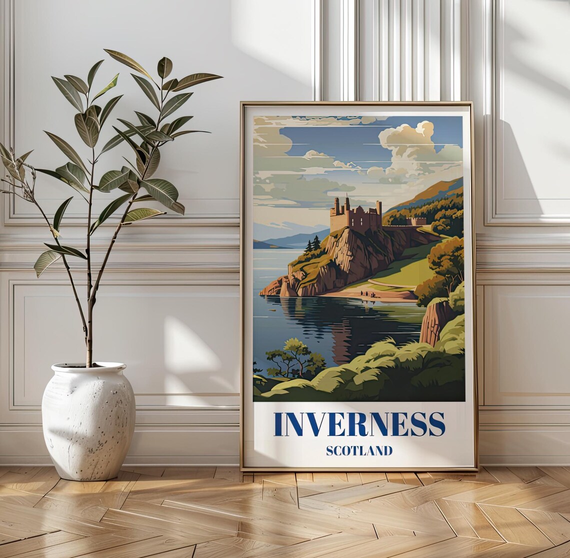 Inverness Scotland Castle Above the Loch Vintage Travel Poster