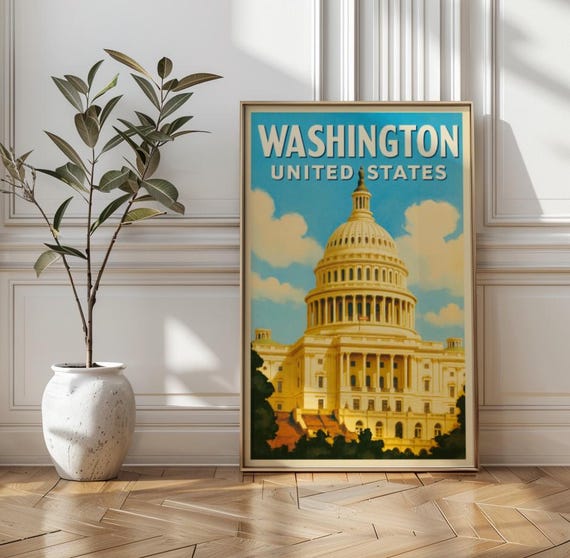 Washington Dc Travel Poster Print Of The Us Capitol Building In Vintage Style Mid Century Modern Wall Art Landmark