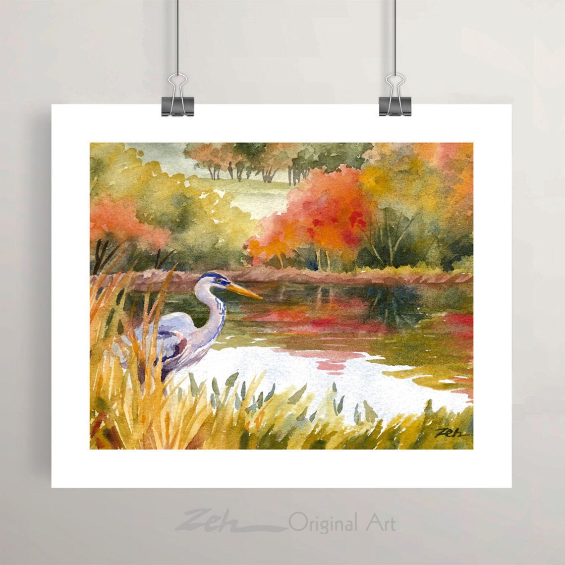 Great Blue Heron Watercolor Art Print, Autumn Pond