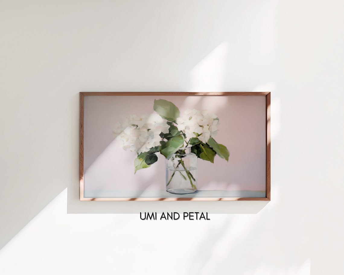 White Hydrangeas Glass Vase Blush Background Floral Art Poster - Image 3
