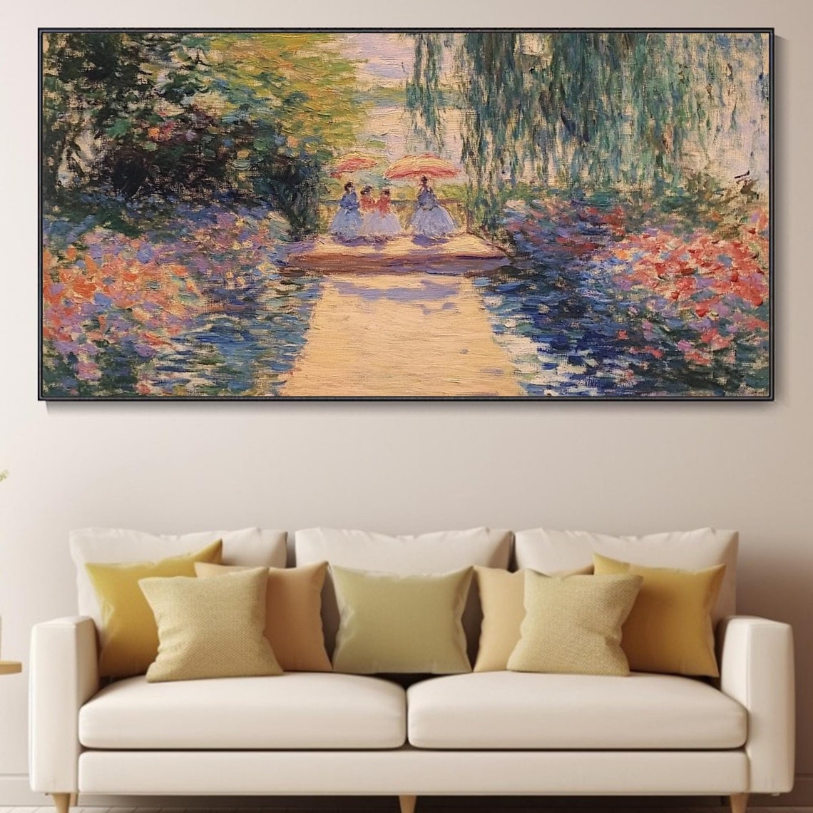 Impressionist Garden Walkway With Parasols And Willow Trees Poster