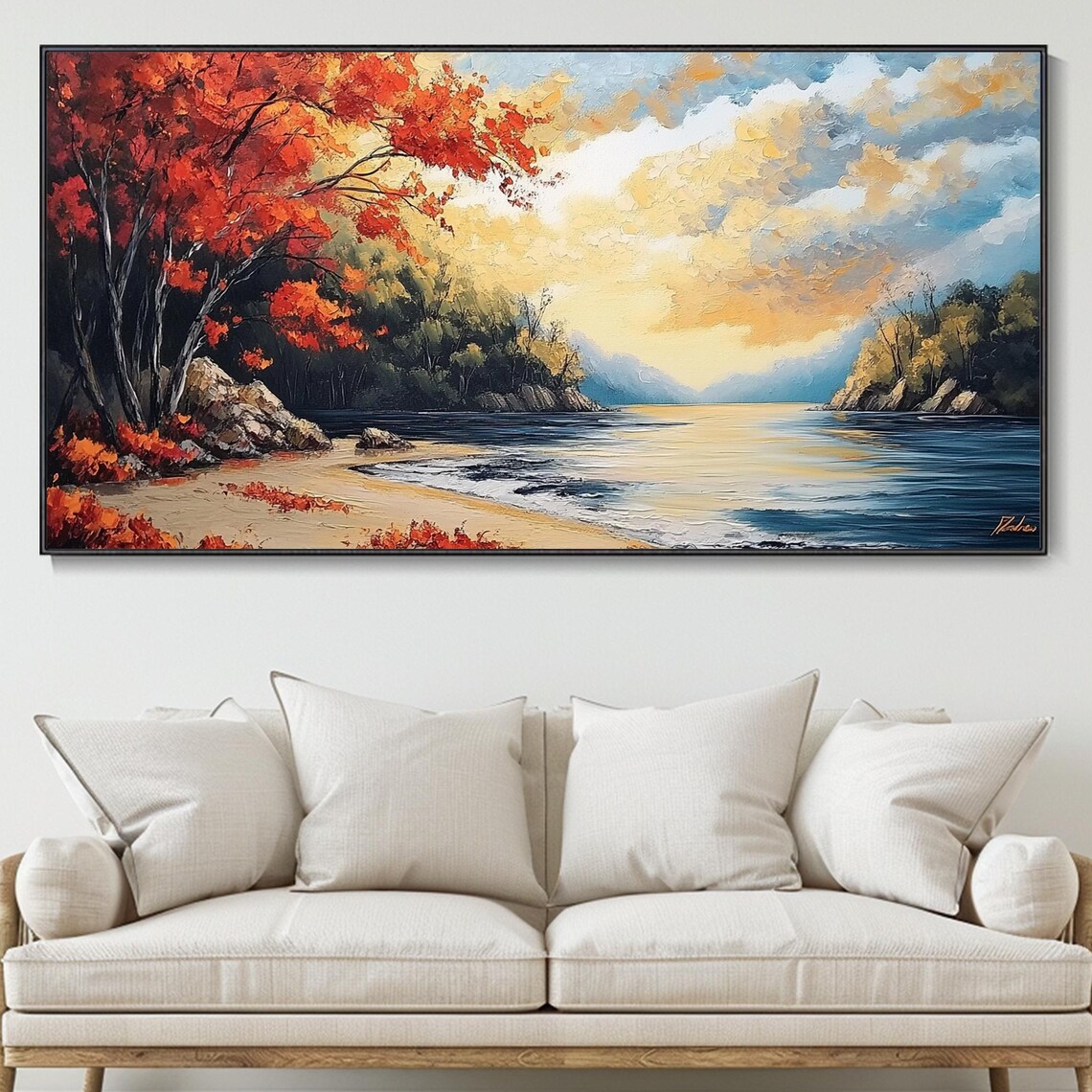 Autumn Maple Trees On Lakeshore Sunrise Red Foliage Impasto Poster
