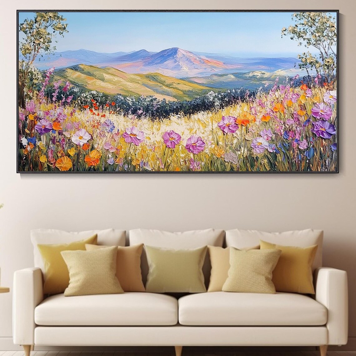 Mountain Wildflower Meadow Panoramic Bloom Landscape Impasto Poster