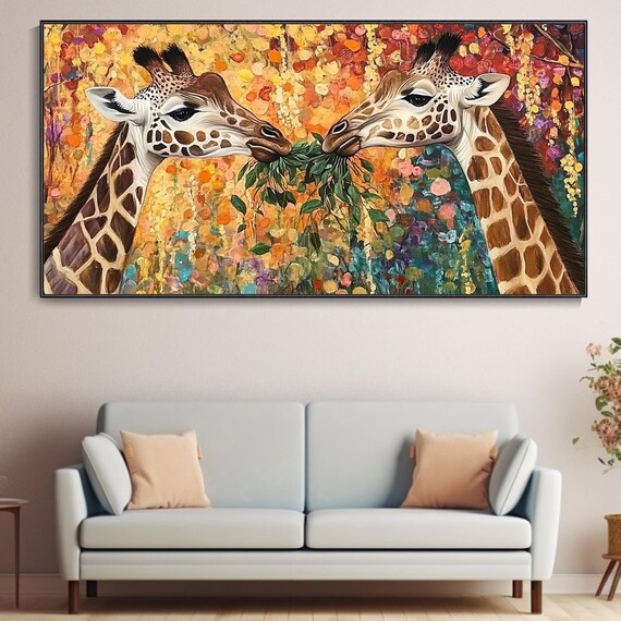 Two Giraffes Sharing Leaves Colorful Floral Wildlife Impasto Poster