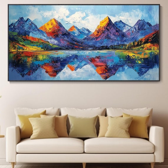 Hill Landscape Oil Painting On Vibrant Textured Mountain Wall Art Colorful Reflections In Lake Art Modern Abstract Nature Scene Art