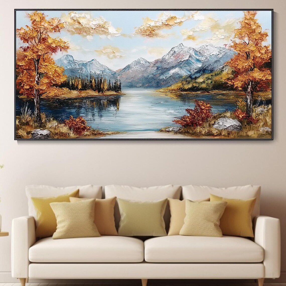 Autumn Mountain Lake With Snowy Peaks Fall Landscape Painting Poster