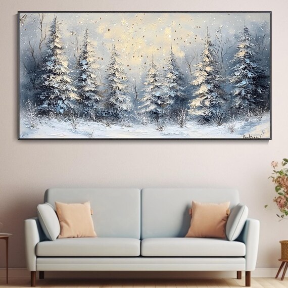 Large Long Wide Original Winter Forest Painting Horizontal 3d Textured Wall Art On Panoramic Snowy Pine Trees Wall Art Starlit Art