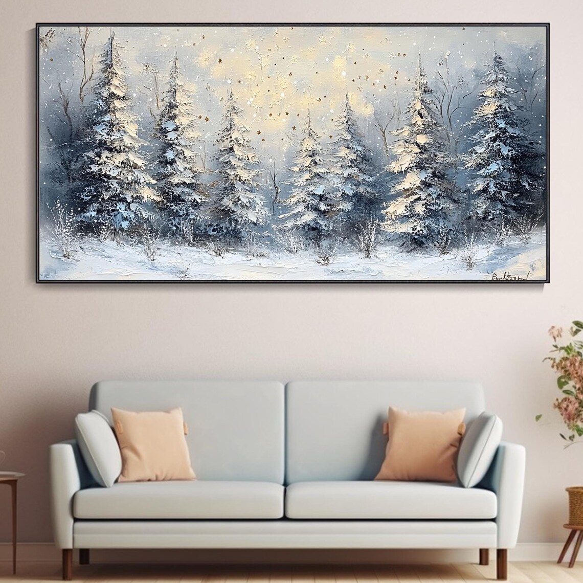 Large Long Wide Original Winter Forest Painting Horizontal 3d Textured Wall Art On Panoramic Snowy Pine Trees Wall Art Starlit Art