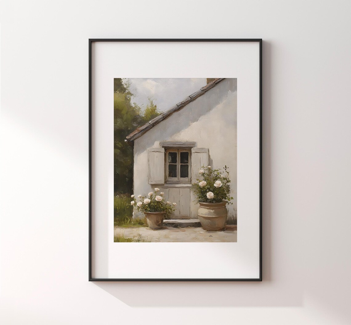 White Cottage Window With Potted White Roses Vintage Spring Floral Art Poster - Image 2