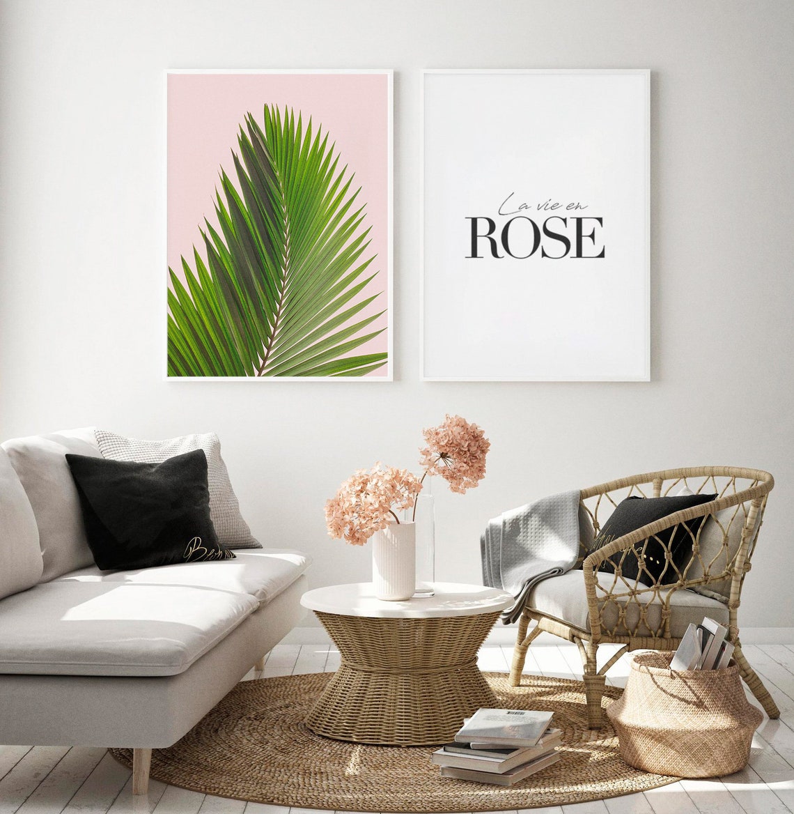 Blush Pink Palm Leaf Print With La Vie En Rose Typography Art - Image 2