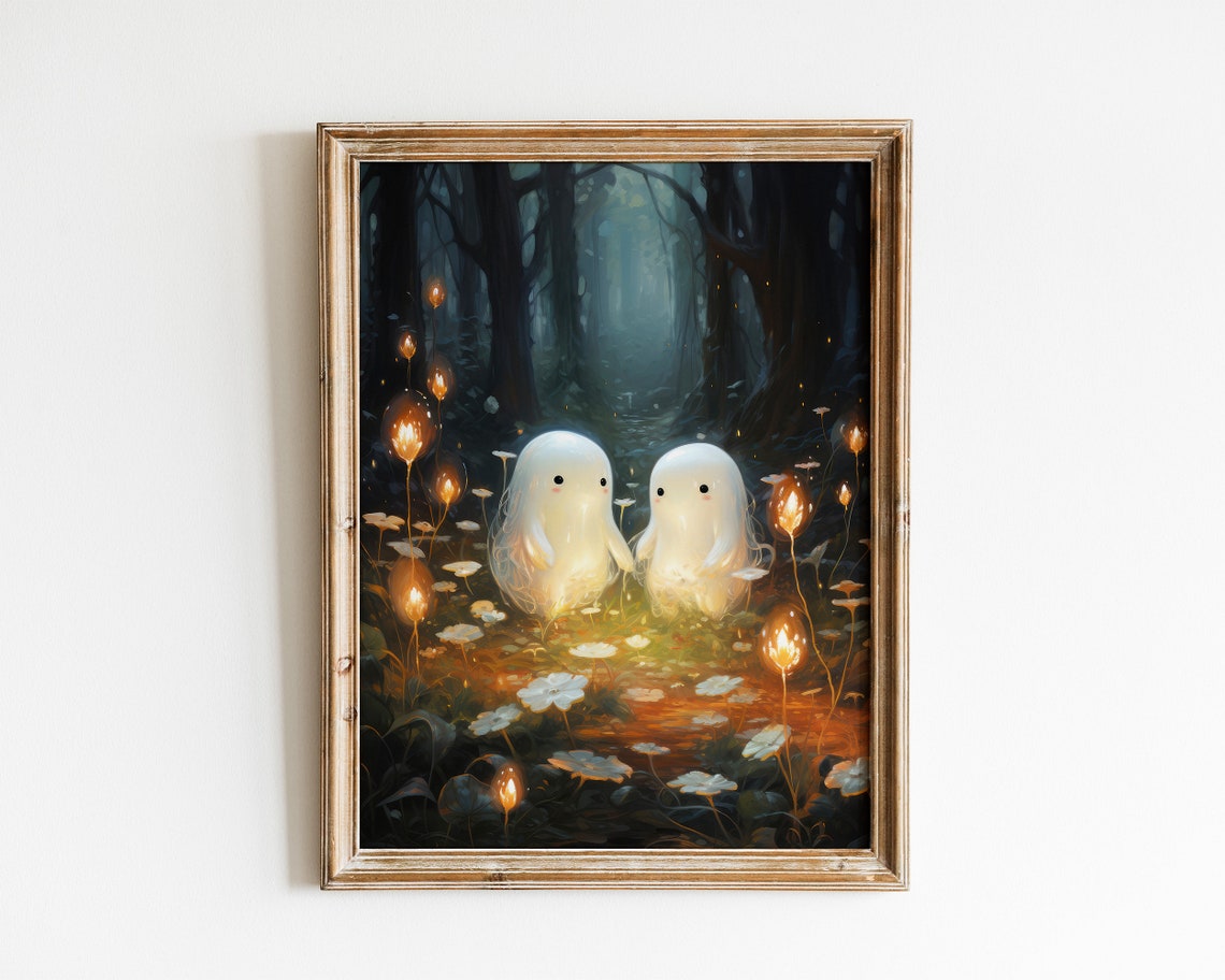 Two Cute Ghosts In Forest Halloween Decor Ghost Painting Funny Halloween Prints Nursery Wall Decor Wall Art