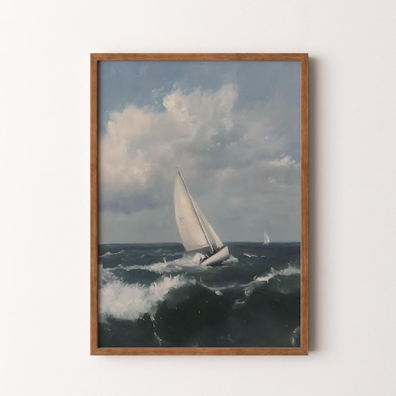 Sailing Boat Stormy Ocean Waves Dramatic Nautical Seascape Poster