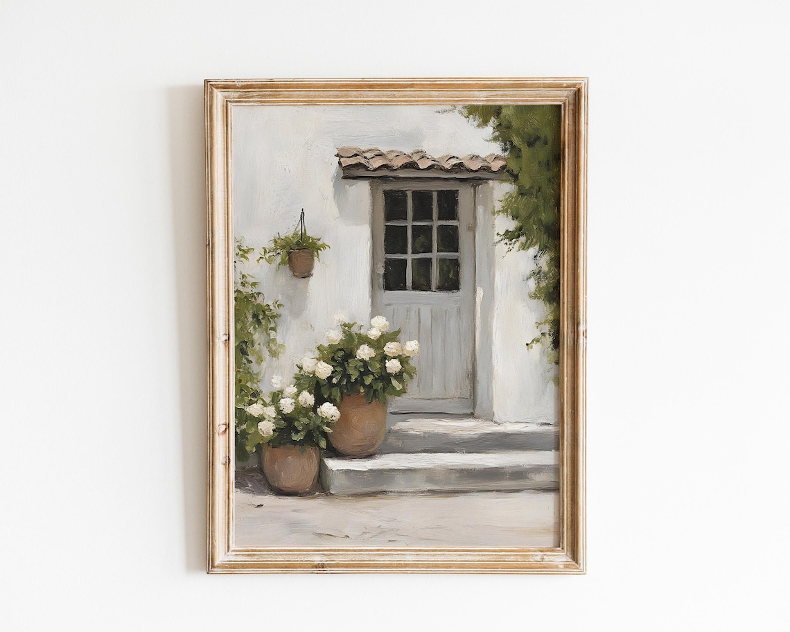 Blue Gray Door With White Rose Pots Rustic Cottage Entrance Vintage Art Poster