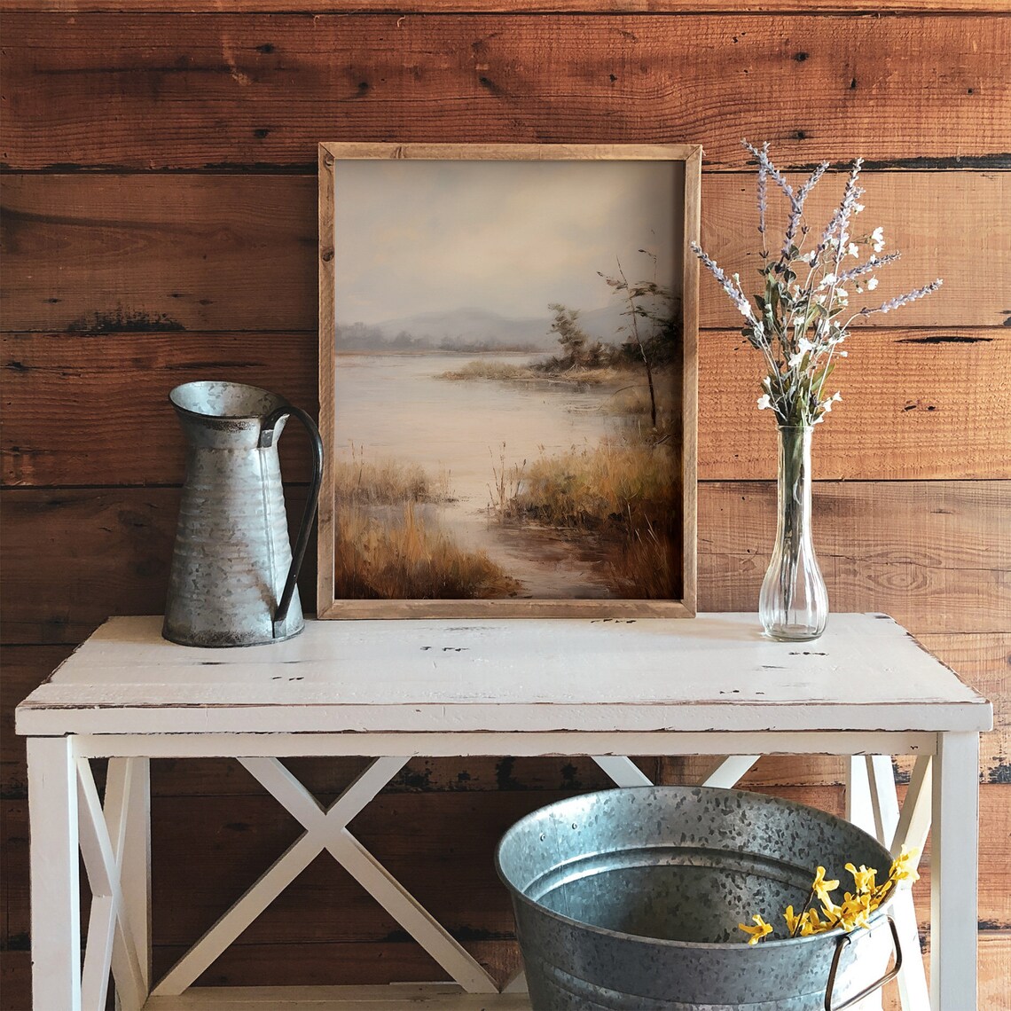 Muted Gray Lake Landscape with Reeds and Soft Light Vintage Oil Art Poster - Image 3