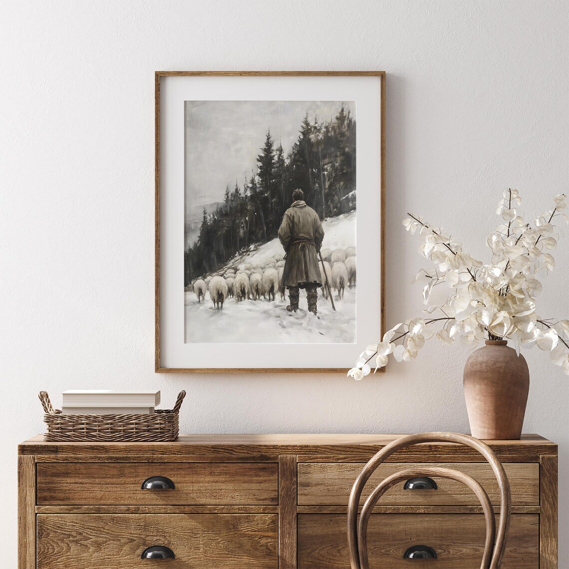 Shepherd Leading Sheep Up Snowy Mountain Path Vintage Winter Scene Poster - Image 7