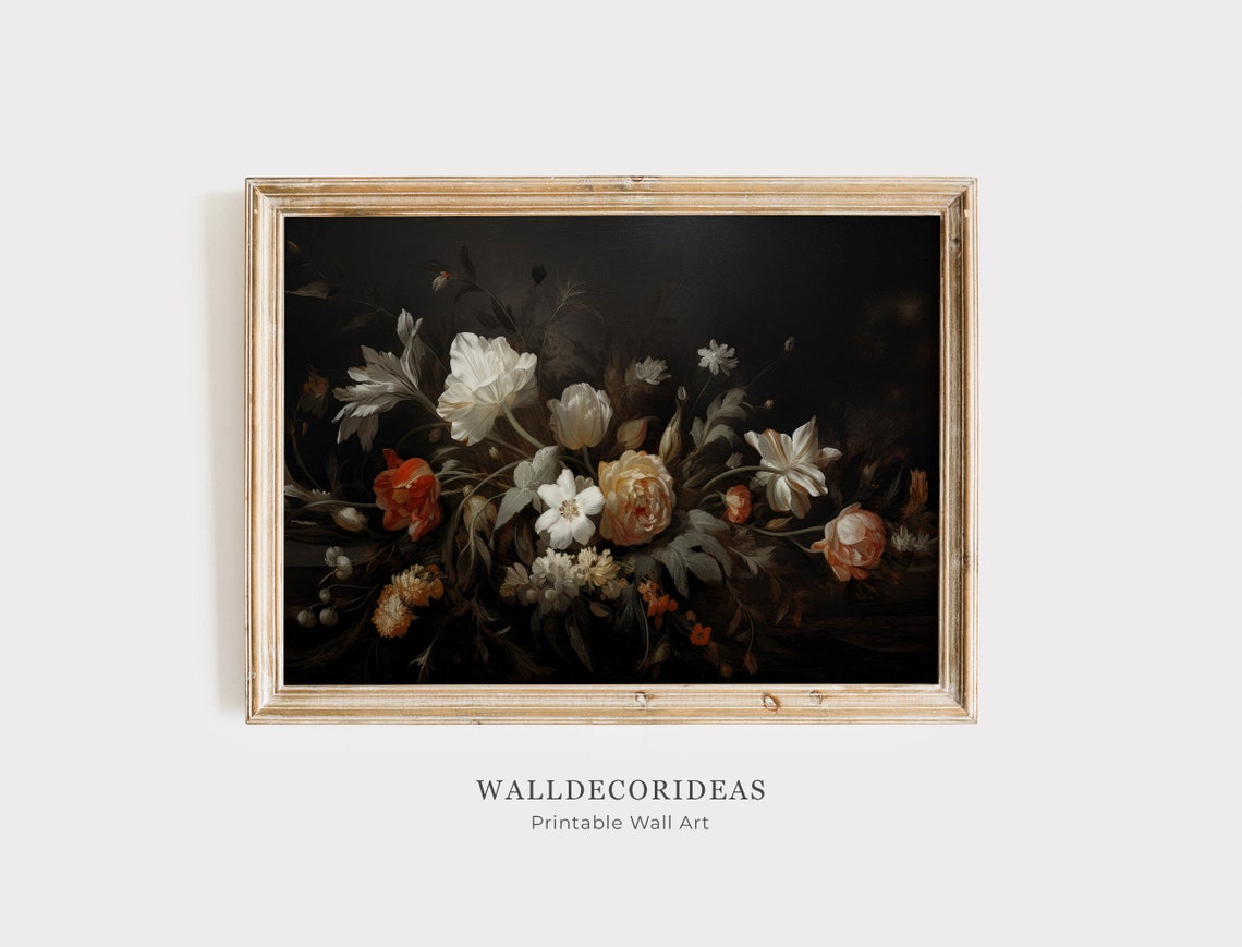 Moody Vintage Flower Print Dark Floral Still Life Oil Painting Antique Botanical Oil Painting Wall Art