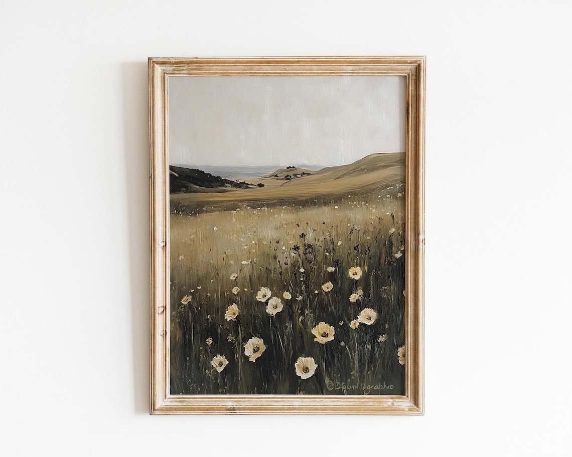 Golden Wildflower Meadow At Dusk Vintage Coastal Field Painting Poster