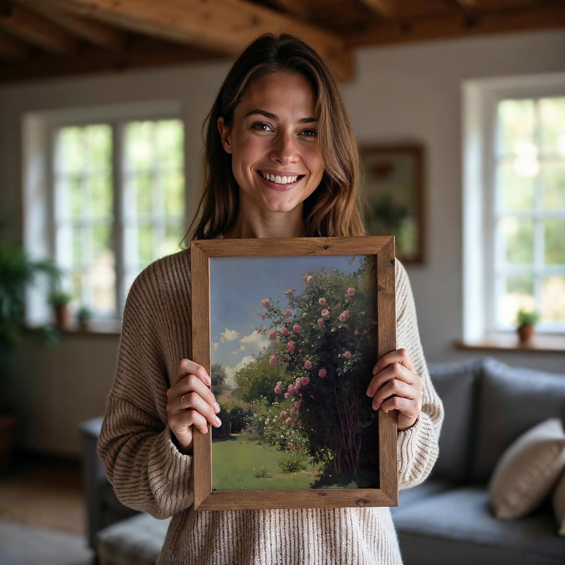 Vintage Rose Garden Painting, Flowering Tree Art - Image 5