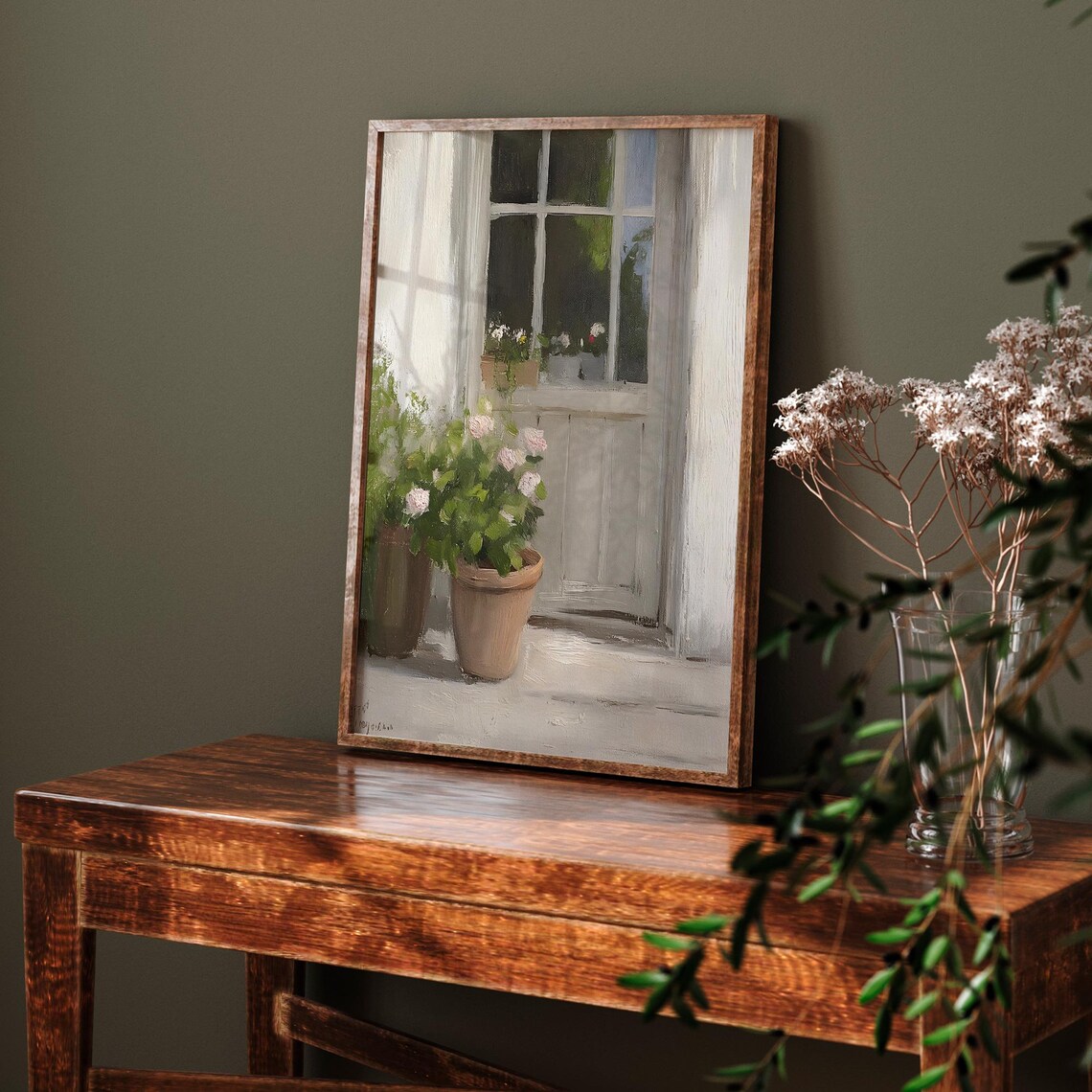 White Window With Terracotta Rose Pots On Sunlit Patio Spring Floral Poster - Image 6