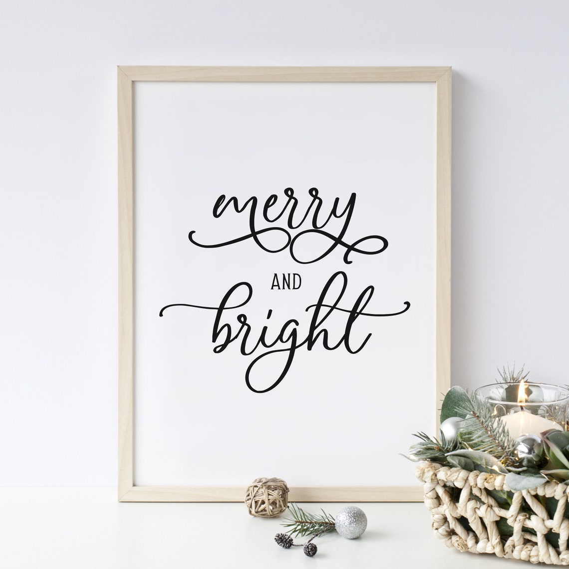 Merry and Bright Script Lettering Black White Christmas Poster - Image 3