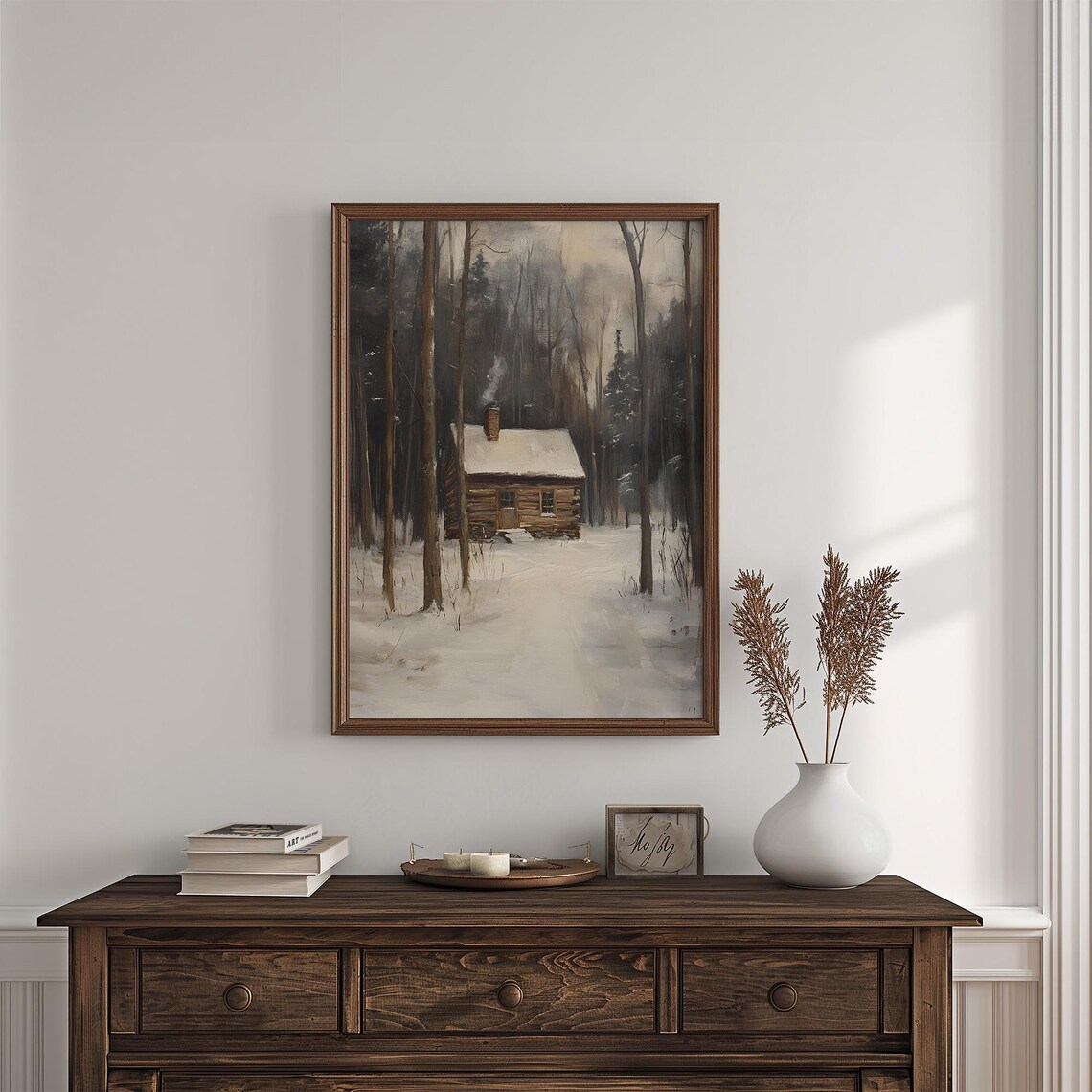 Log Cabin With Chimney Smoke In Snowy Dark Woods Moody Winter Scene Poster - Image 7