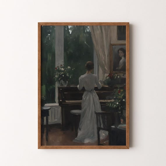 Vintage Elegant Lady Interior Painting Moody Green Drawing Room Scene Vi251