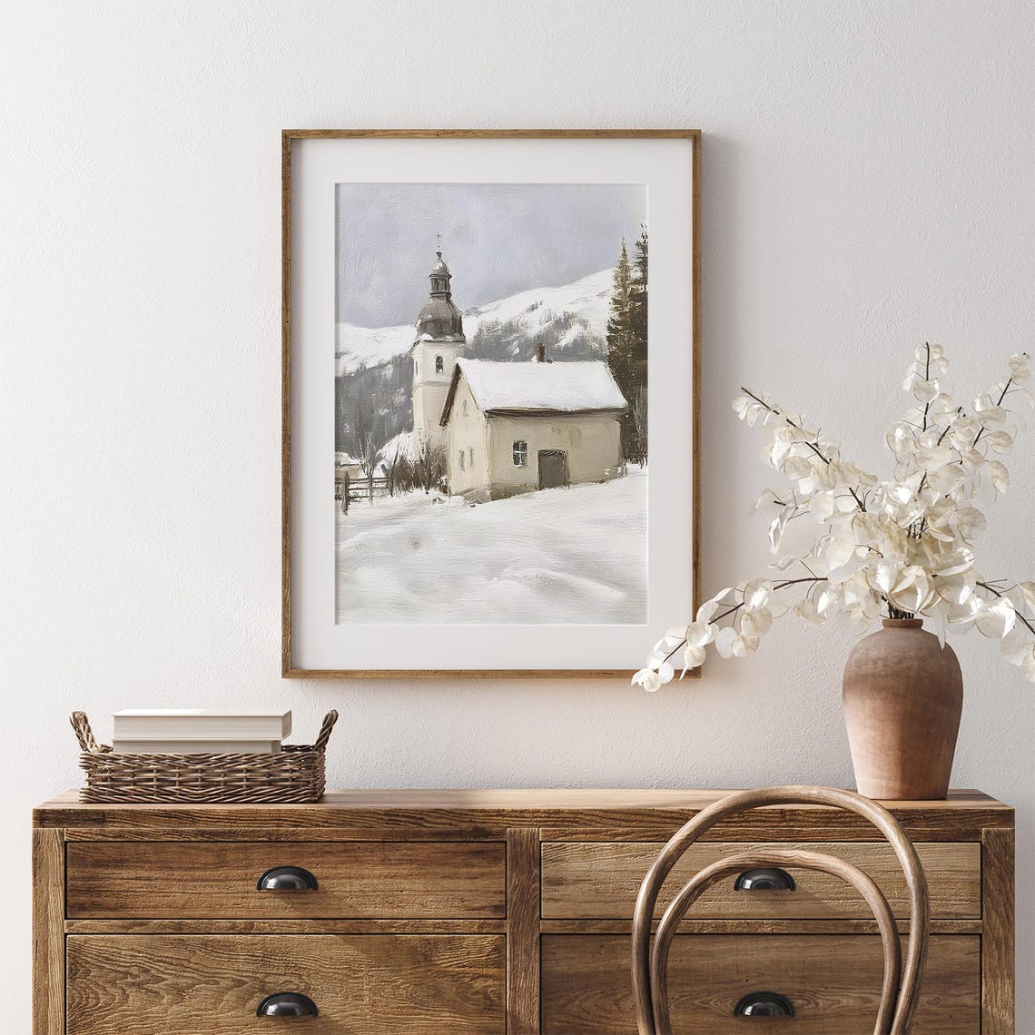 Snowy Mountain Church Vintage Winter Landscape Chapel Painting Poster - Image 2