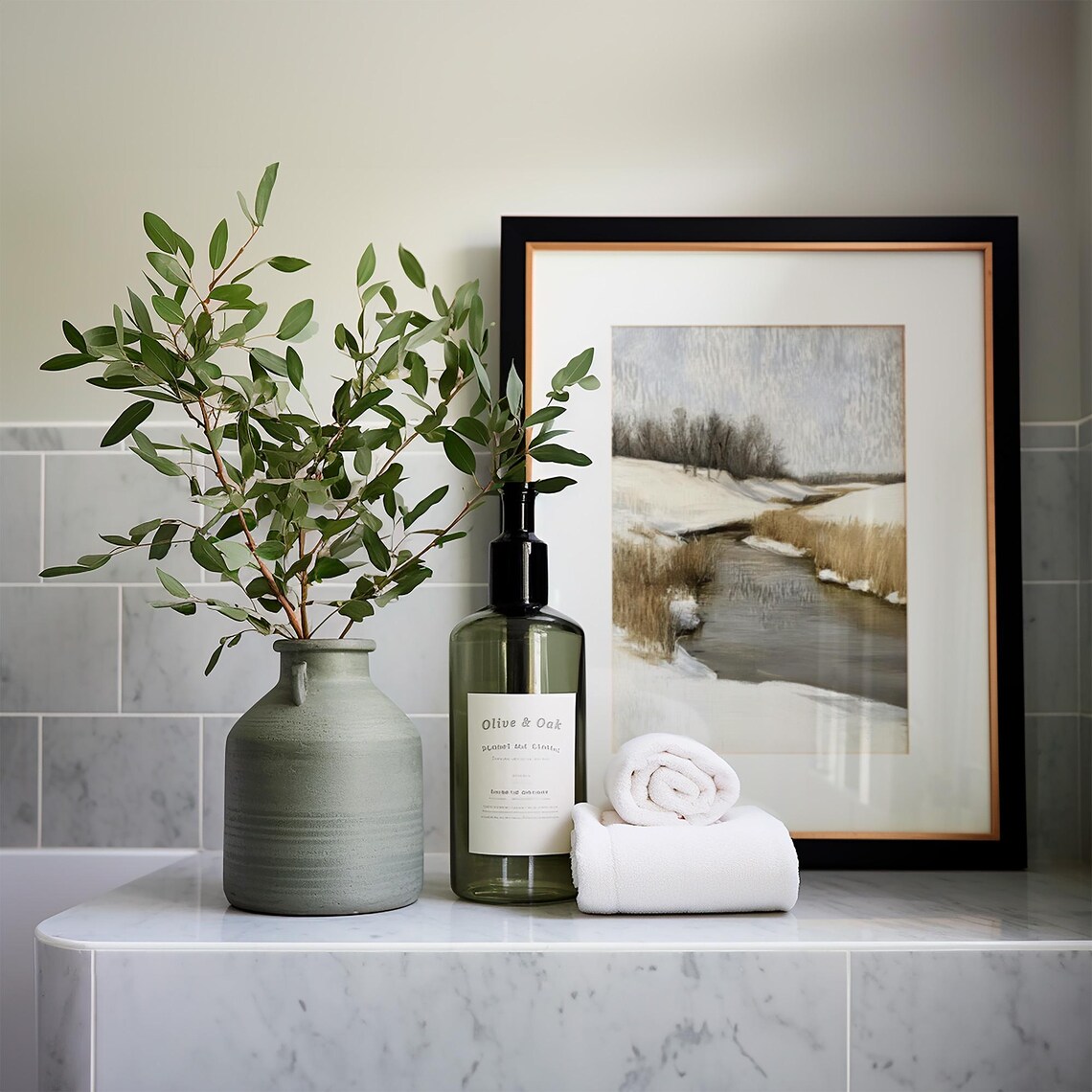 Winter Creek Through Snow With Reeds Muted Vintage Landscape Painting Poster - Image 5