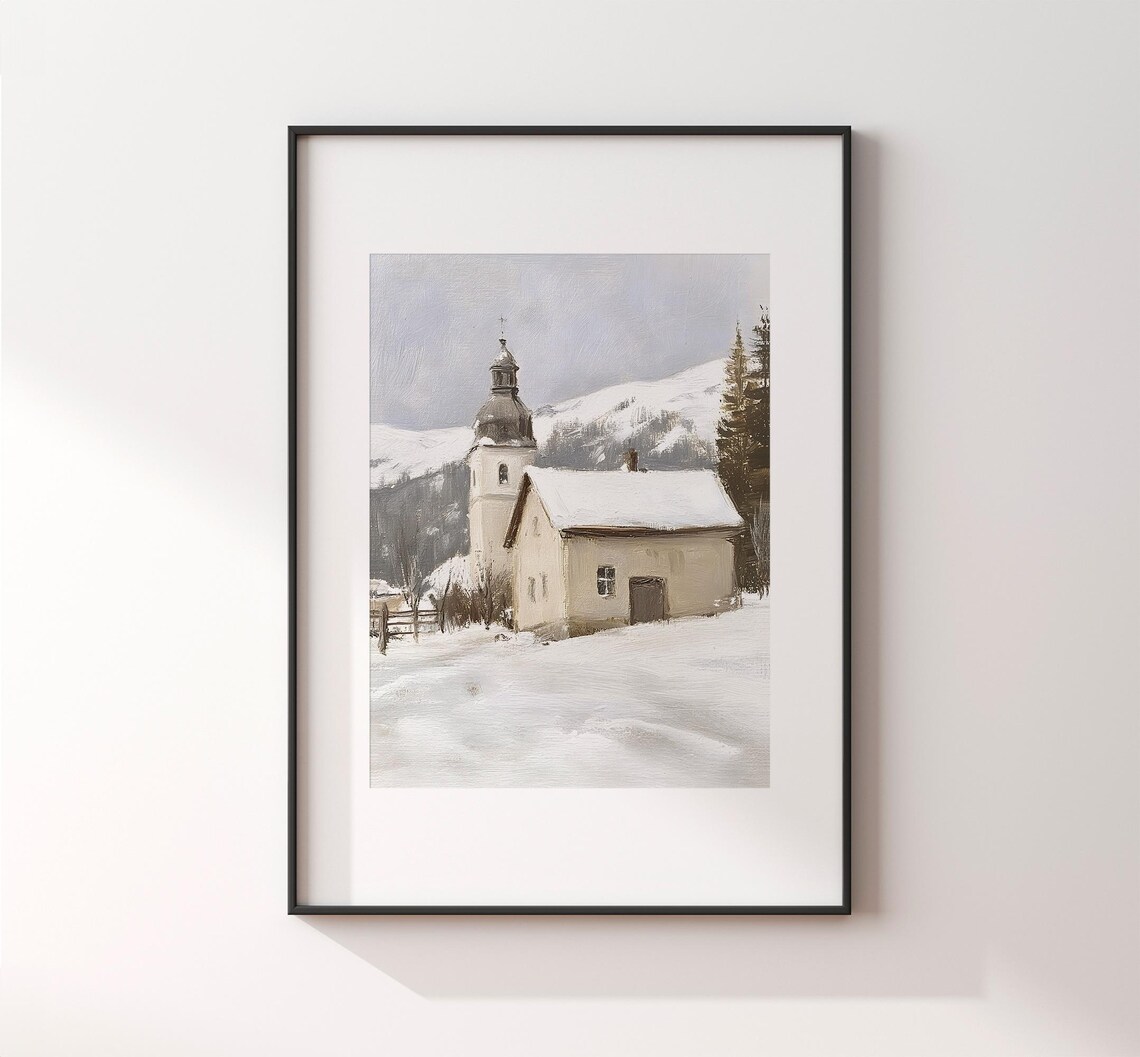 Vintage Winter Landscape, Snowy Church Scene - Image 2