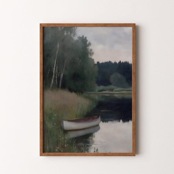 Vintage Lake Landscape Painting Moody Forest Scene With Boat Wall Art Vi172