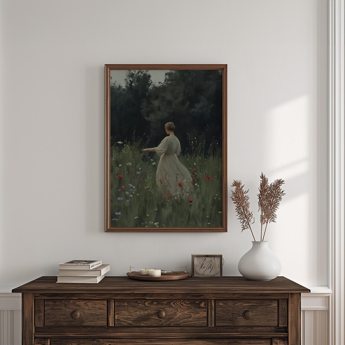 Woman In White Dress Among Red Poppies Vintage Meadow Painting Poster - Image 4