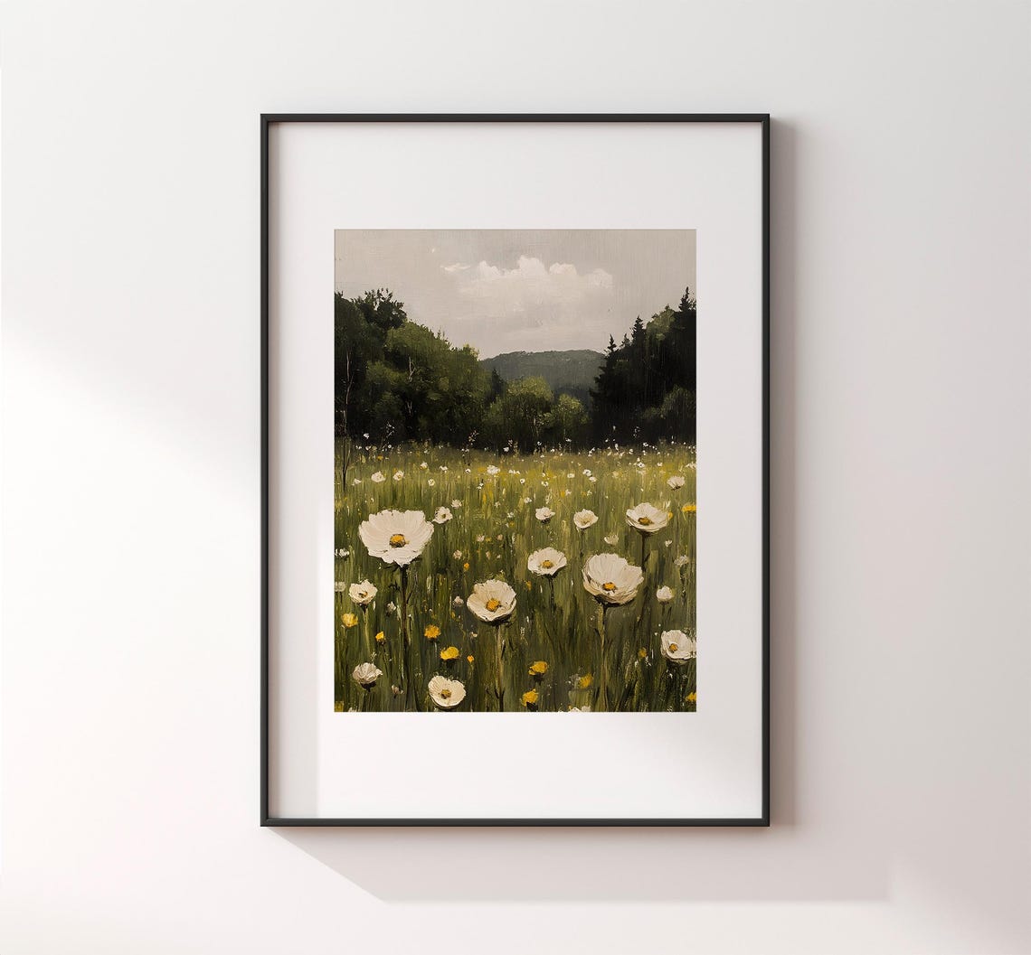 White Poppy Meadow With Forest Hills Vintage Floral Painting Poster - Image 2