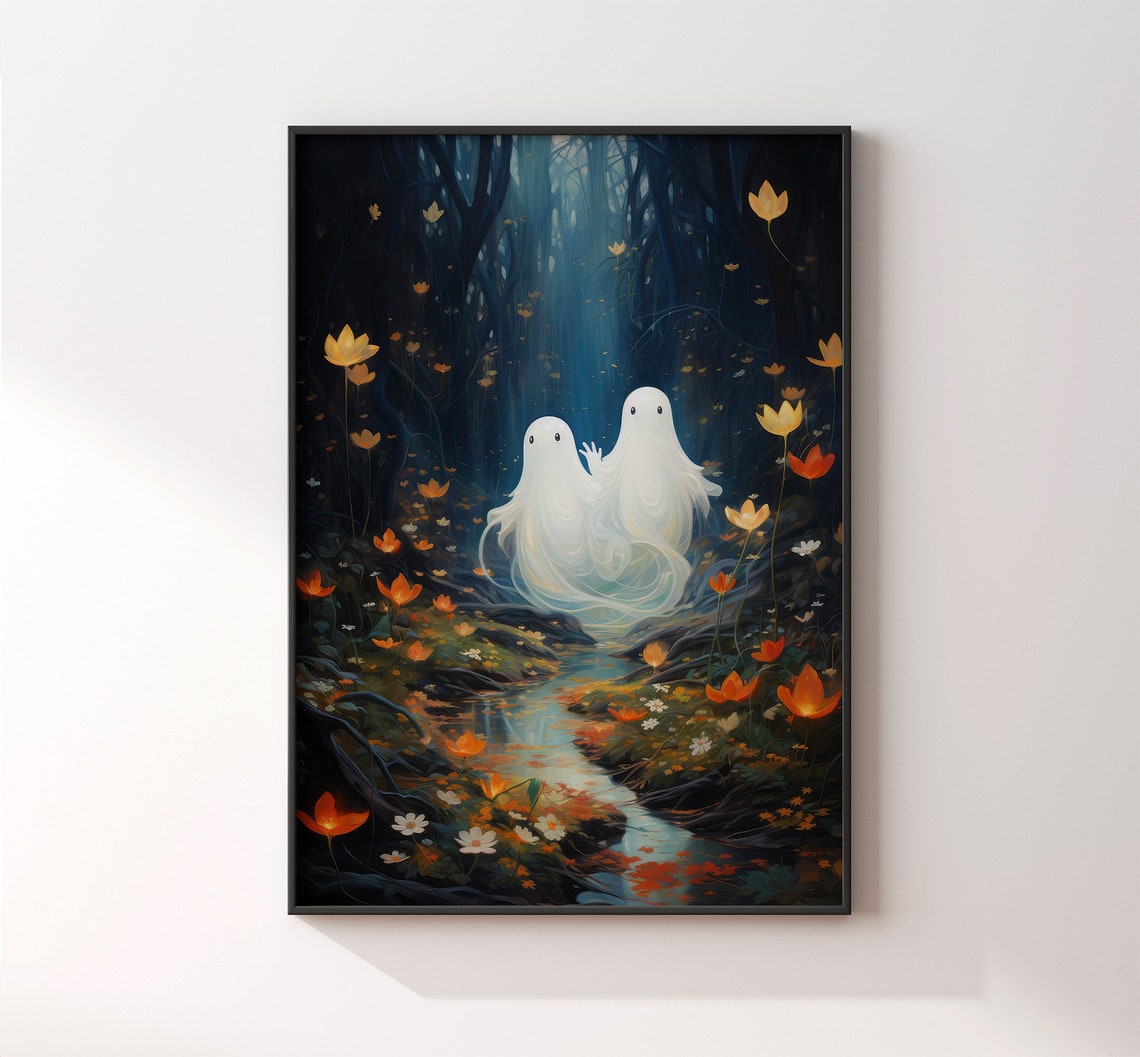 Two Friendly Ghosts In A Blue Flower Forest Halloween Poster - Image 2