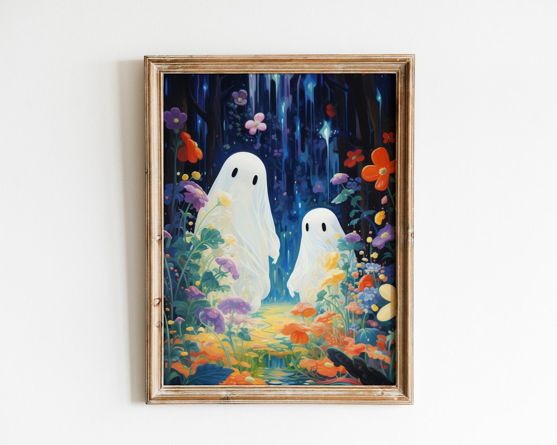 Two Ghosts In A Waterfall Grotto With Bright Flowers Halloween Poster