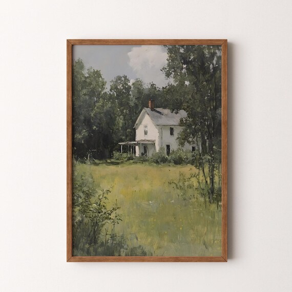 White Farmhouse Among Summer Trees Vintage Countryside Painting Poster