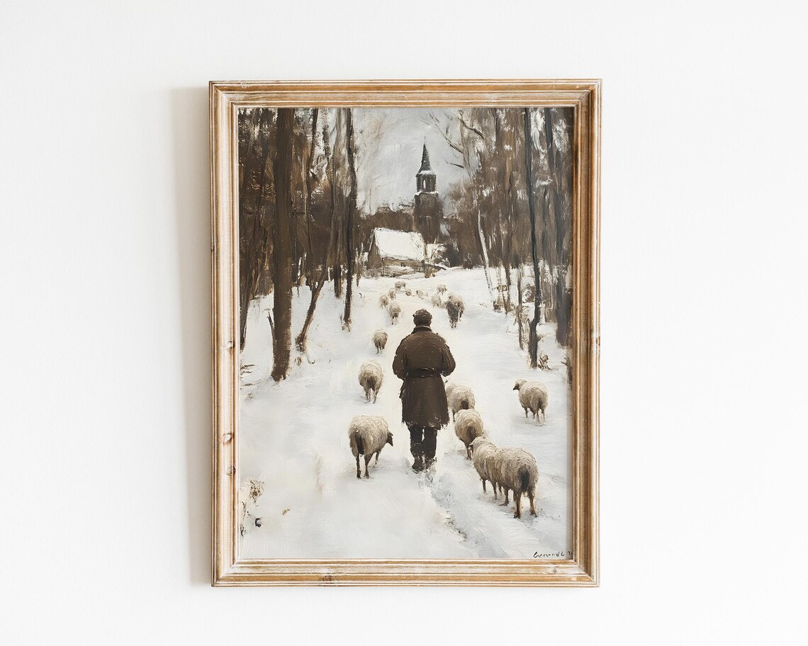Shepherd Leading Sheep Through Snowy Village Toward Church Winter Art Poster