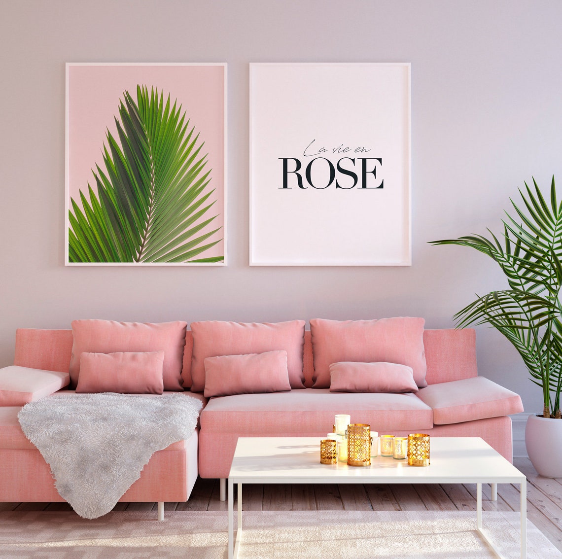 Blush Pink Palm Leaf Print With La Vie En Rose Typography Art - Image 3