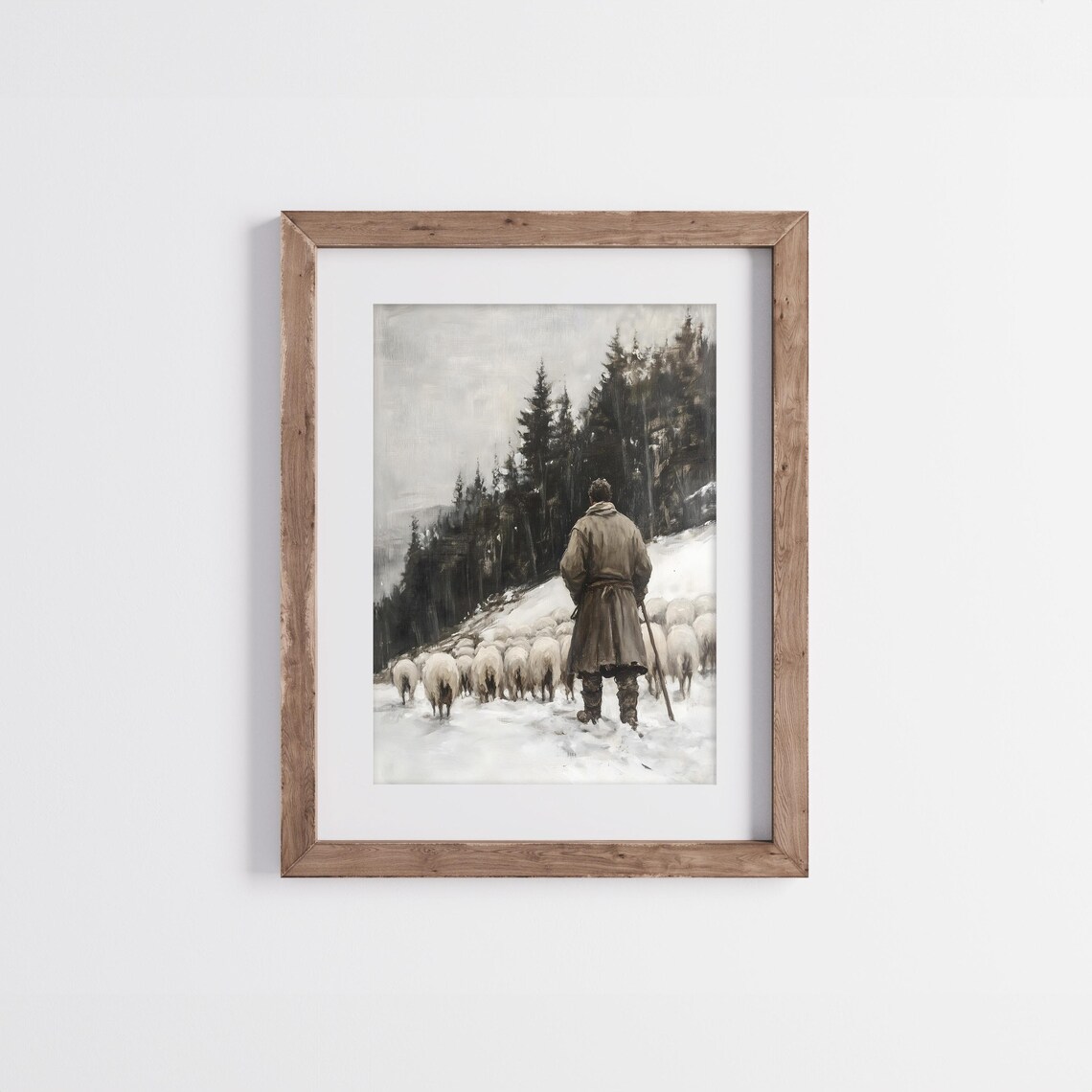 Vintage Winter Shepherd Painting, Rustic Snowy Woodlands Scene - Image 5