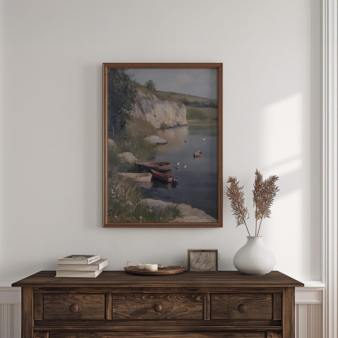 Tranquil River Rowboats Ducks White Chalk Cliffs Serene Nature Poster - Image 4