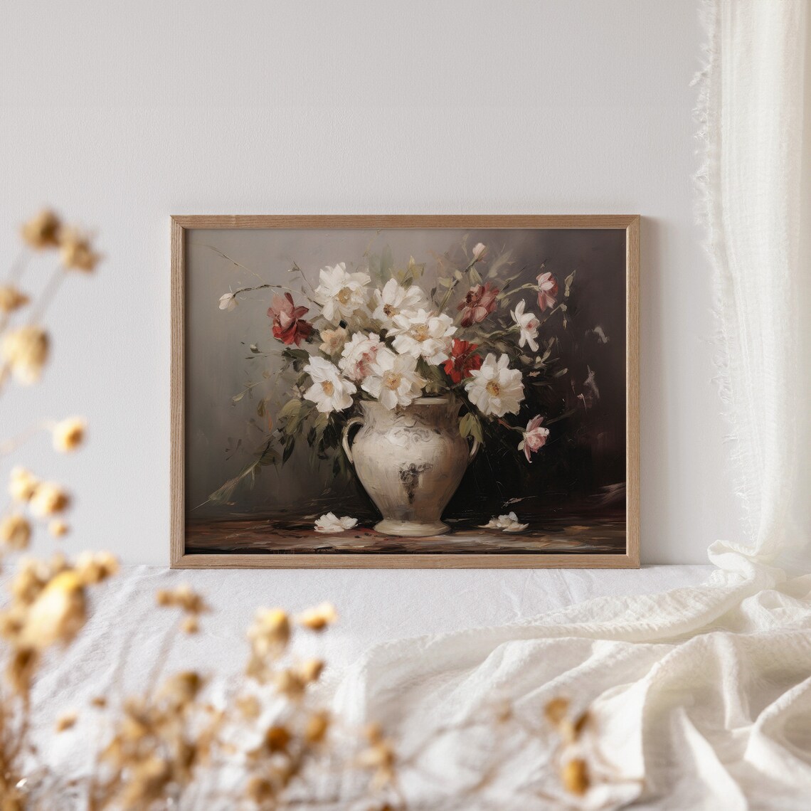 White And Pink Daisy Bouquet In Vintage Stone Urn Painting Poster - Image 4