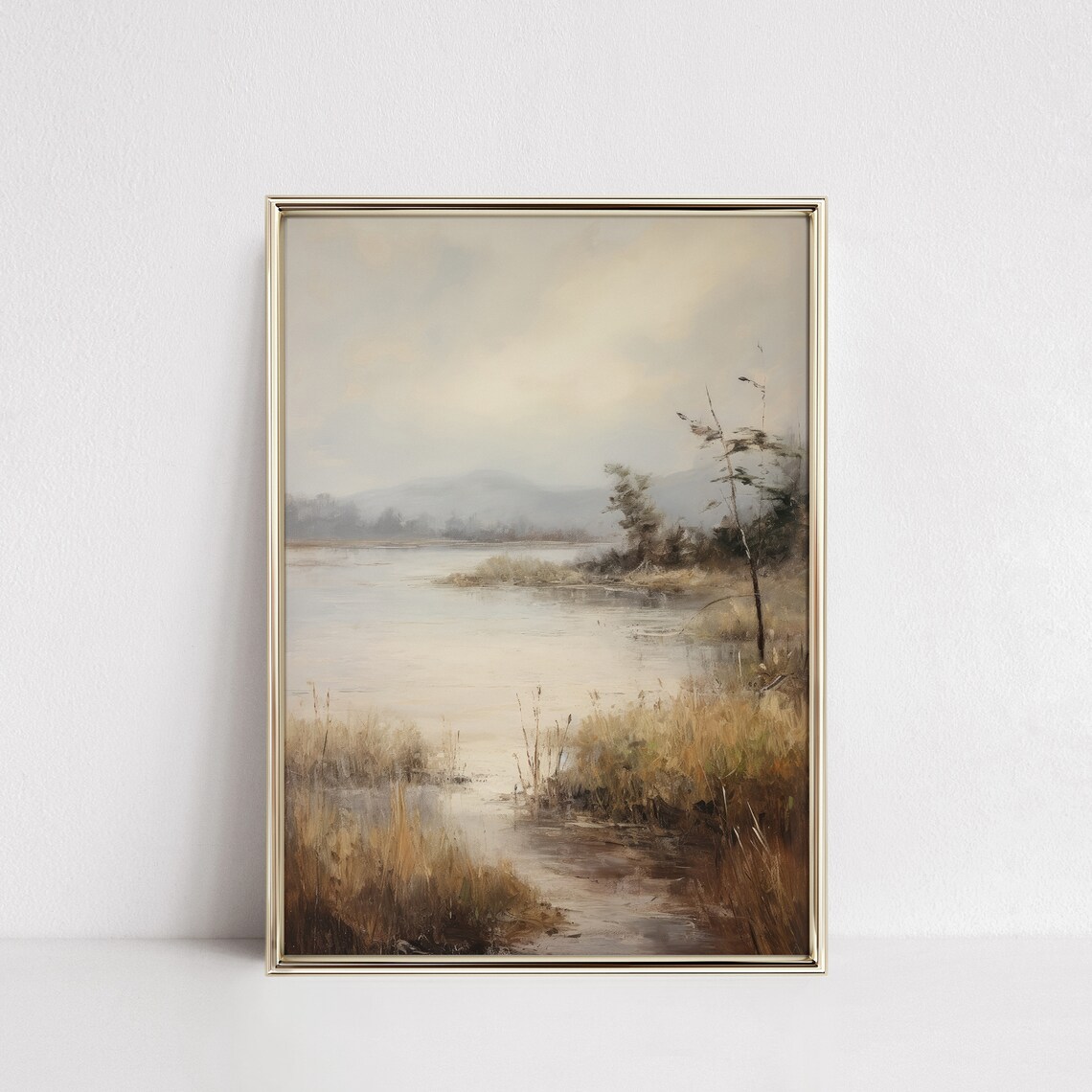 Muted Gray Lake Landscape with Reeds and Soft Light Vintage Oil Art Poster - Image 4