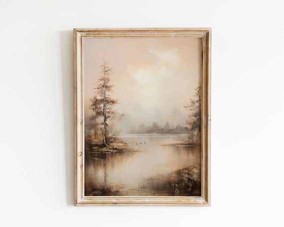 Foggy Morning Lake with Pine Trees and Birds Sepia Tone Vintage Art Poster