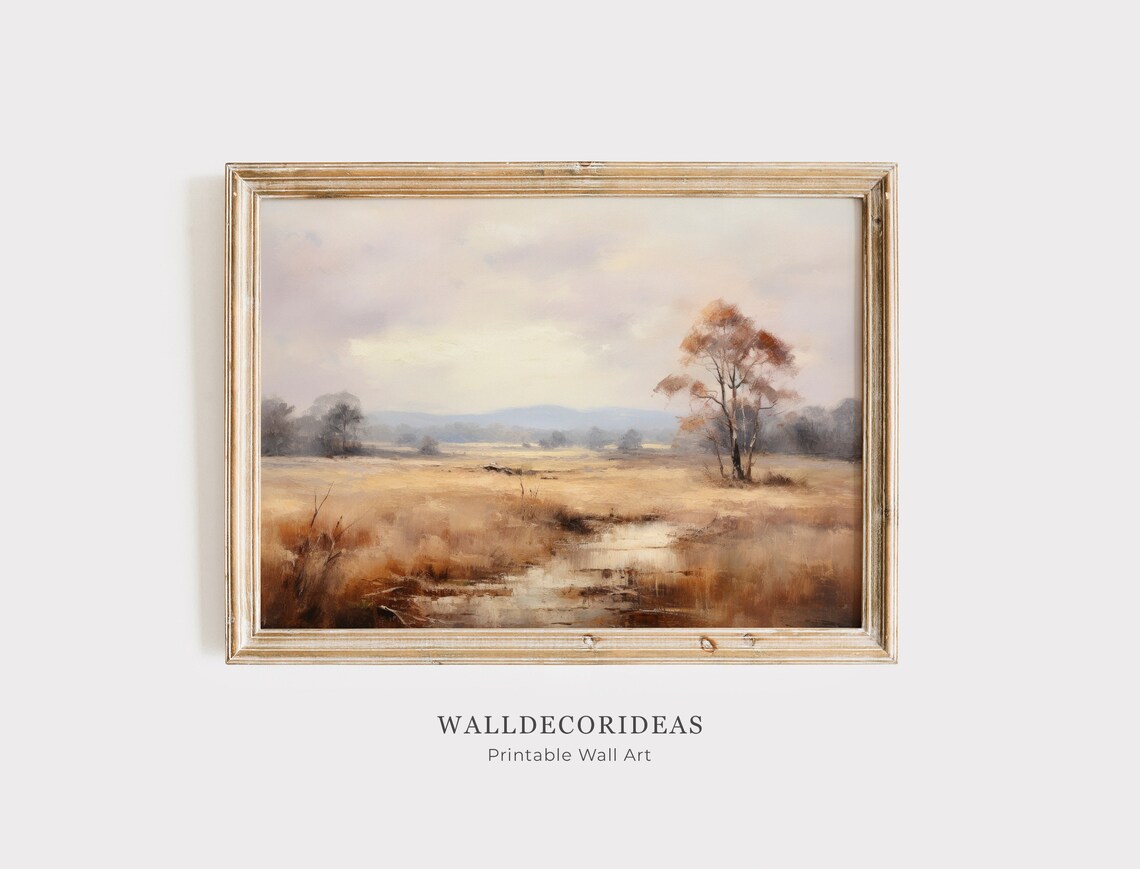 Fall Landscape Vintage Painting, Farmhouse Decor