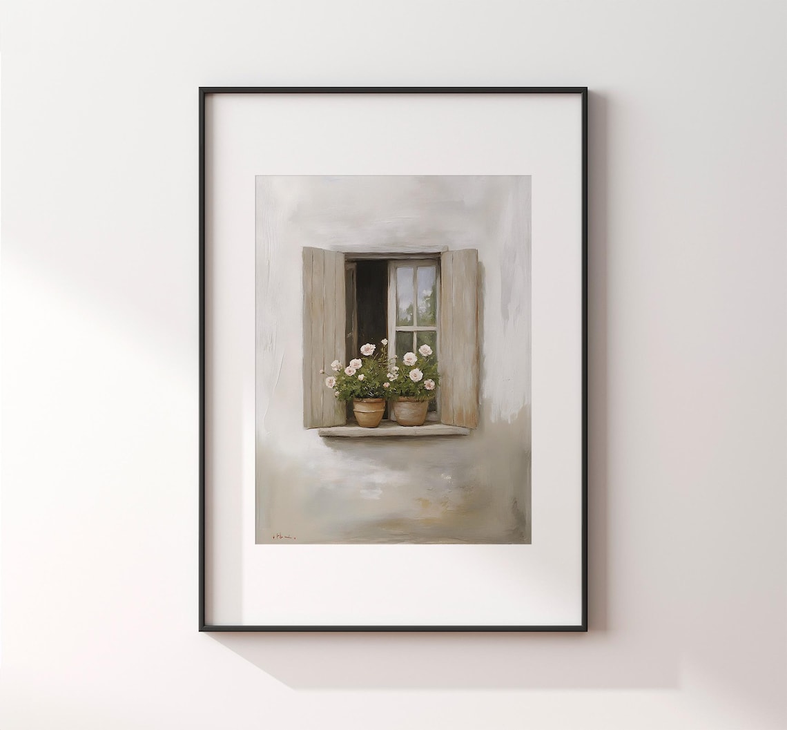 Shuttered Window With Potted Flowers On Sill Soft Neutral Spring Art Poster - Image 2